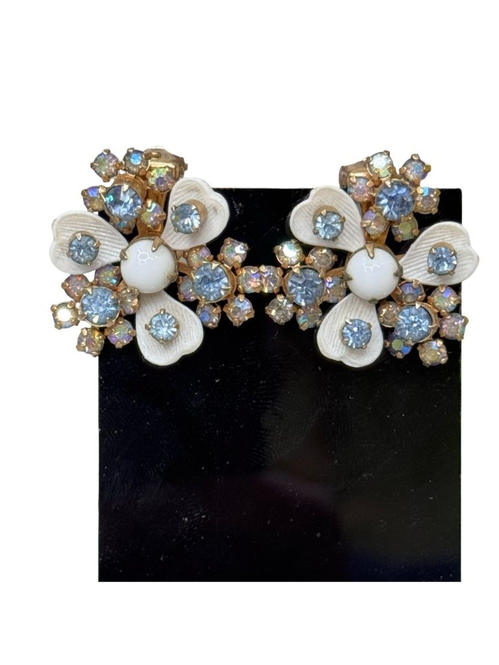 Vintage Weiss NY Clip-On Earrings Floral W/ Rhinestones & Poured Glass Gold-Tone